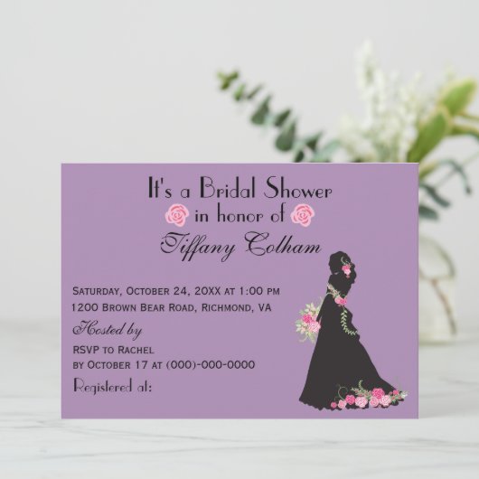 Het is een Vrijgezellenfeest bruid silhouet Paarse Kaart (Staand voorkant)