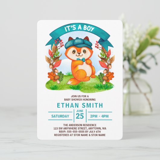 Het is een Waterverf Fox Baby shower van de Jongen Kaart (Staand voorkant)