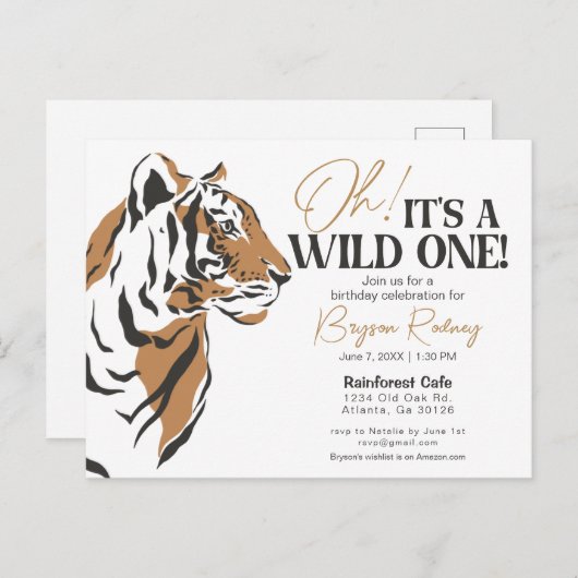 Het is een wild oerwoud tijger op de eerste verjaa uitnodiging briefkaart (Voorkant / Achterkant)