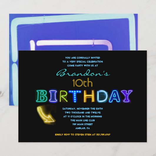 HET IS ELEKTRISCH! Neon 10th Birthday Party Invite Kaart (Voorkant / Achterkant)