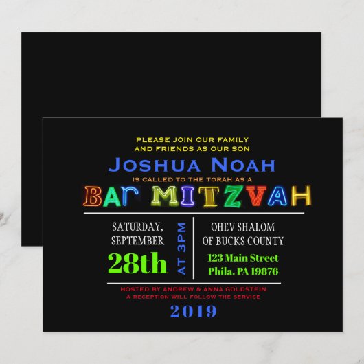 HET IS ELEKTRISCH! NEON GLOW Bar Mitzvah Uitnodigi Kaart (Voorkant / Achterkant)