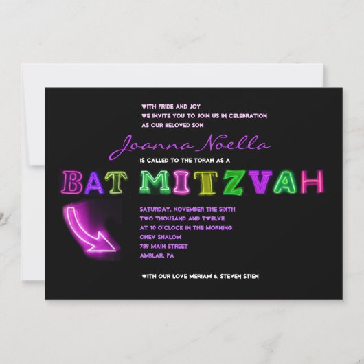 HET IS ELEKTRISCH!  NEON SIGN Bat Mitzvah Uitnodig Kaart (Voorkant)