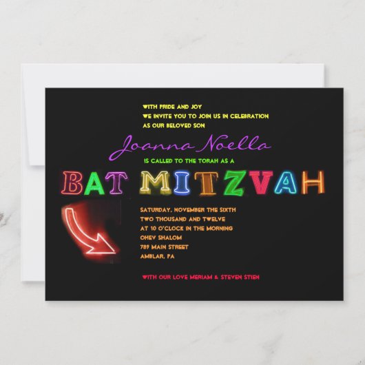HET IS ELEKTRISCH!  NEON SIGN Bat Mitzvah Uitnodig Kaart (Voorkant)