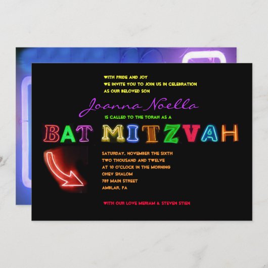 HET IS ELEKTRISCH! NEON SIGN Bat Mitzvah Uitnodig Kaart (Voorkant / Achterkant)