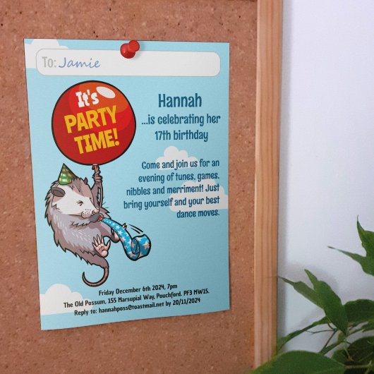 Het is FEESTTIJD Voeg uw gegevens Opossum Ballon Kaart