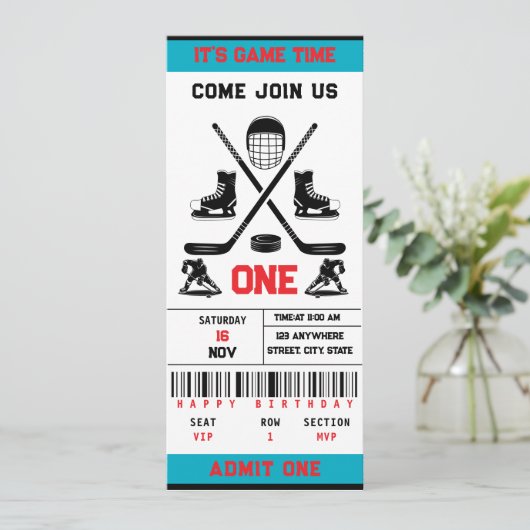 Het is Game Time Hockey Ticket 1e verjaardagsfeest Kaart (Staand voorkant)
