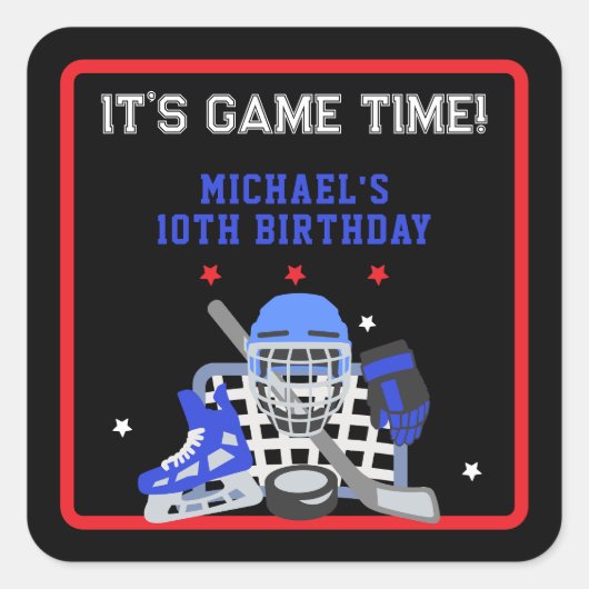 HET IS GAME TIME HOCKEY VERJAARDAG VIERKANTE STICKER (Voorkant)