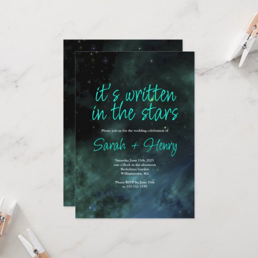 Het is geschreven in de uitnodiging voor het huwel (Voorkant / Achterkant in situ)