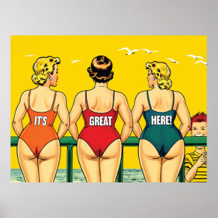 Het is geweldig hier, mooie vrouwen op een strand, poster