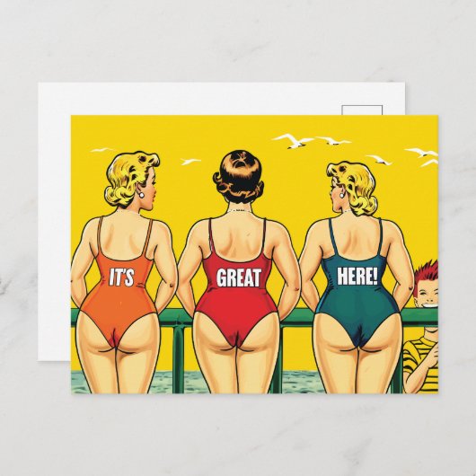 Het is geweldig hier, vrouwen op een strand, grap briefkaart (Voorkant / Achterkant)