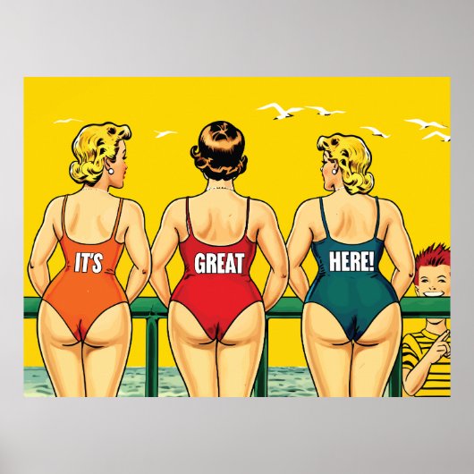 Het is geweldig hier, vrouwen op een strand, grap poster (Voorkant)