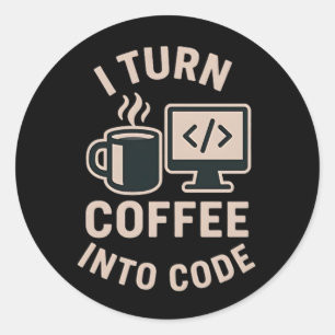 Het is grappig dat hij koffie omzet in code ronde sticker