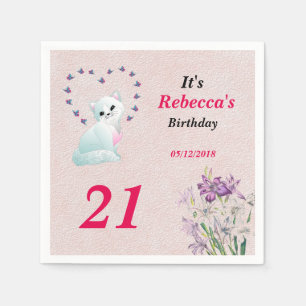 Het is haar Birthday Kitten en Flowers versie Servet
