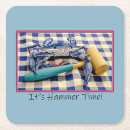 Het is Hammer Time Blue Crab met Hammer op Gingham Kartonnen Onderzetters