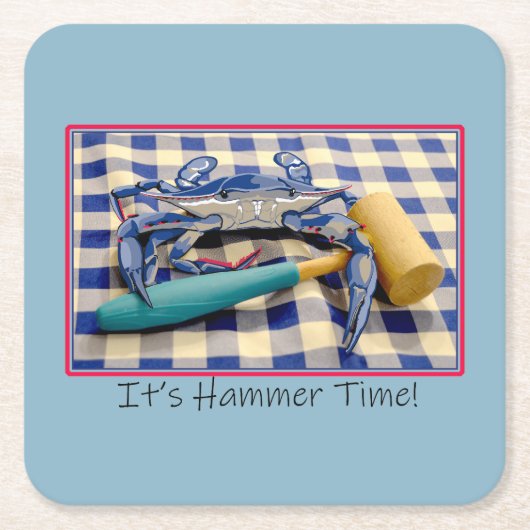 Het is Hammer Time Blue Crab met Hammer op Gingham Kartonnen Onderzetters (Voorkant)