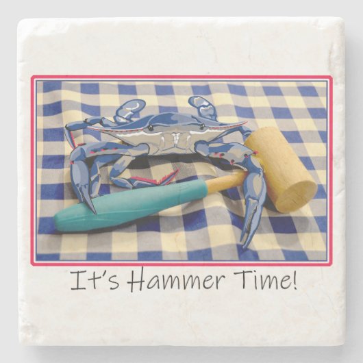 Het is Hammer Time Blue Crab met Hammer op Gingham Stenen Onderzetter (Voorkant)