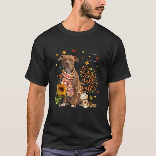Het is Herfst Y All BROWN Pitbull Dog Thanksgiving T-shirt (Voorkant)