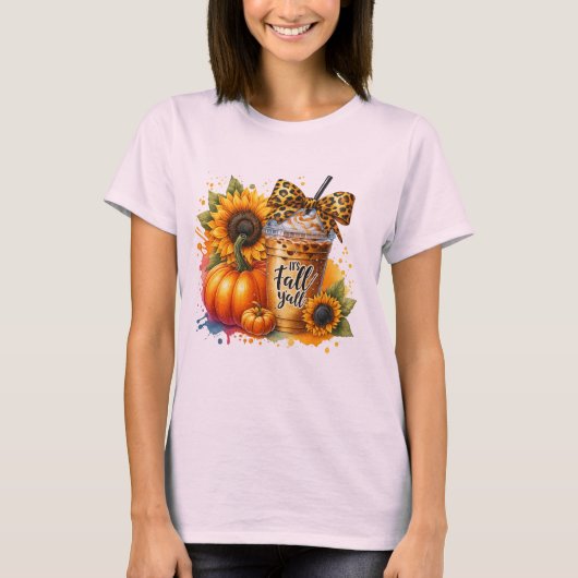 Het is Herfst Y'all - Leopard Bow Coffee met pompo T-shirt (Voorkant)