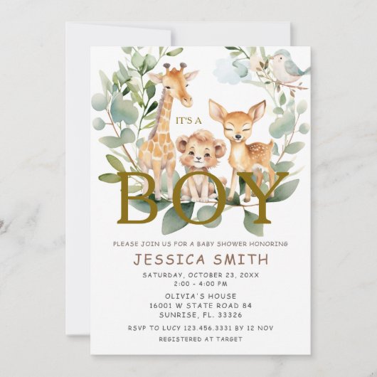Het is het Boy Oerwoud Safari Animals Baby shower Kaart (Voorkant)