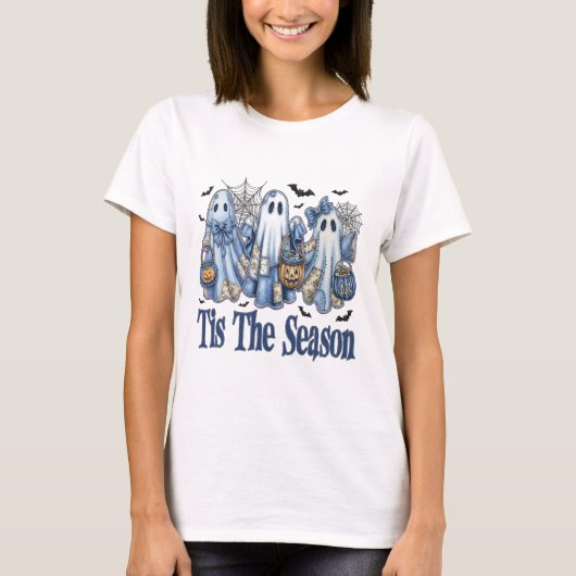 Het Is Het Seizoen Blauwe Patchwork Geest Pompoen T-shirt (Voorkant)