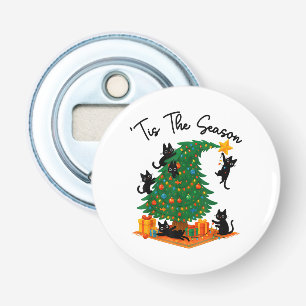 Het Is Het Seizoen Kerstboom Schattige Zwarte Kat Button Flesopener