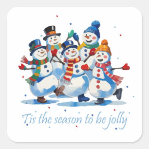 Het is het seizoen om vrolijke dansende sneeuwmann vierkante sticker