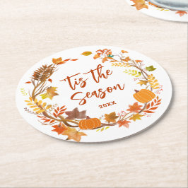Het Is Het Seizoen Rustieke Herfst/Val Wreath Ronde Kartonnen Onderzetter