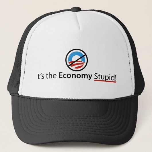 Het is het 'The Economy Stupid Pet' Trucker Pet (Voorkant)