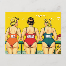 Het is hier geweldig, mooie vrouwen op een strand, briefkaart