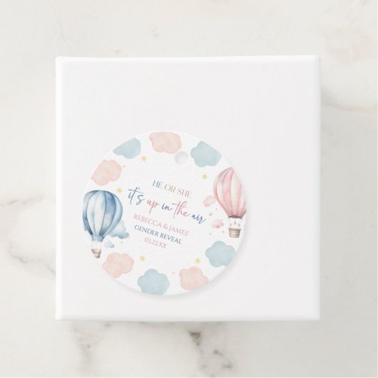 Het is in de lucht hete luchtballon geslacht onthu bedankjes labels (In situ)