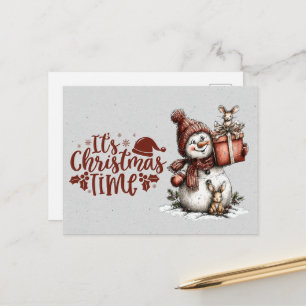 Het is Kerstmis Sneeuwman Houdt Geschenk en Muis v Briefkaart