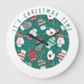 Het is Kersttijd Gezellige wanten Patroon in Groen Grote Klok (Voorkant)