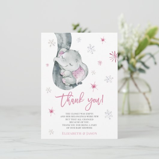 Het is koud buiten Elephant Winter Girl Baby showe Bedankkaart (Staand voorkant)