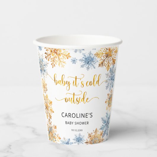Het is koud buiten Golden Snowflakes Baby Papieren Bekers (Voorkant)