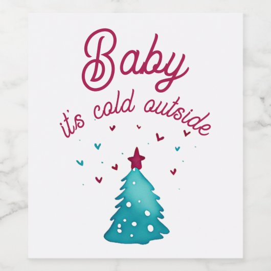 Het is koud buiten kerstboom Waterverf Wijn Etiket (Enkel label)