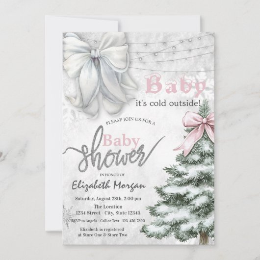 Het is koud buiten Pine Tree White Bow Baby shower Kaart (Voorkant)