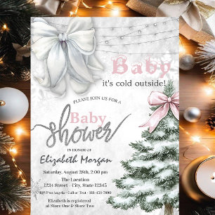 Het is koud buiten Pine Tree White Bow Baby shower Kaart