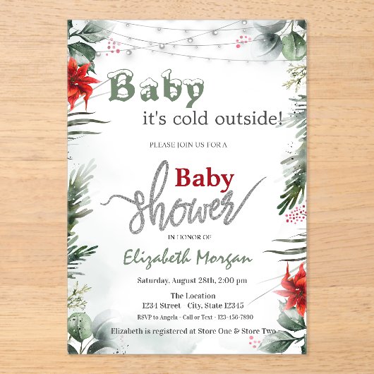 Het is koud buiten Poinsettia Branches Baby shower Acryl Uitnodigingen (Voorkant)