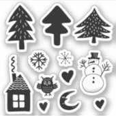 Het is koud buiten Snowman Trees Hearts B/W Sticker (Voorkant)