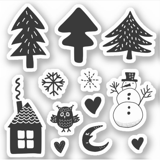 Het is koud buiten Snowman Trees Hearts B/W Sticker (Voorkant)