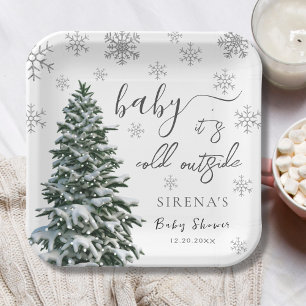 Het is koud buiten   Winter Tree Grey Baby shower Papieren Bordje