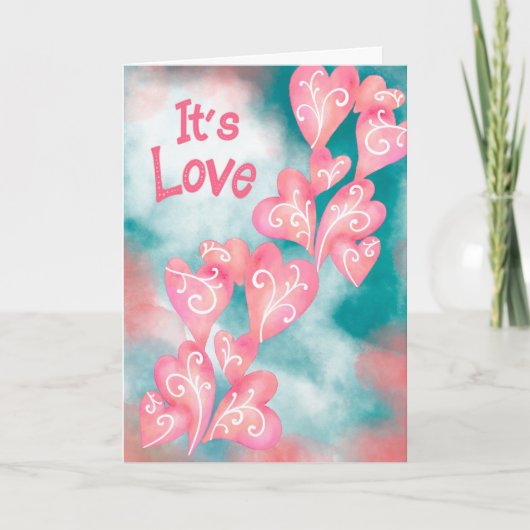 Het is Liefde – Roze en Turkoois Hartcascade Kaart (Voorkant)