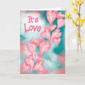 Het is Liefde – Roze en Turkooizen Hartcascade Kaart (Gele Bloem)