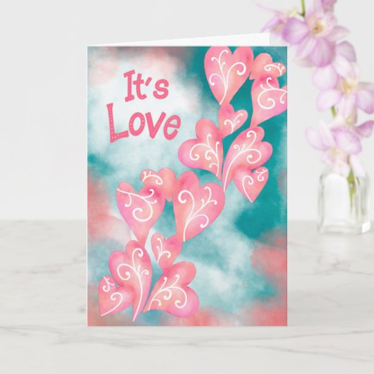 Het is Liefde – Roze & Turquoise Hartcascade Kaart (Orchidee)