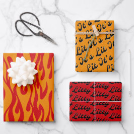 Het is Lit Fun Red en Oranje Fiery Flames Pattern Inpakpapier Vel