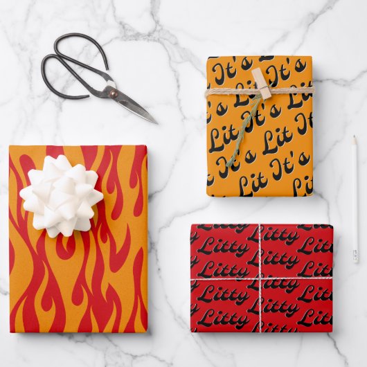 Het is Lit Fun Red en Oranje Fiery Flames Pattern Inpakpapier Vel (Voorkant)