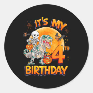 Het is mijn 4e verjaardag Dinosaur Skeleton Mummy  Ronde Sticker