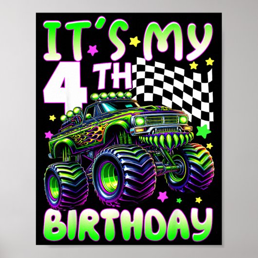 Het is mijn 4e verjaardag jongens monstertruck 4 j poster (Voorkant)