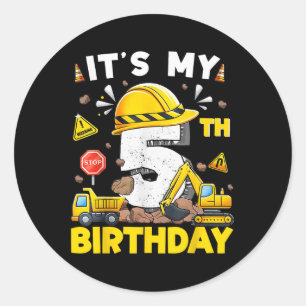 Het is mijn 5e verjaardag jongen bouw graafmachine ronde sticker