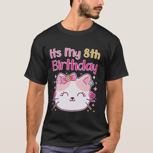 Het is mijn 8e verjaardag kat kitten party meisjes t-shirt (Voorkant)
